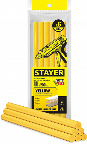 STAYER Yellow, жёлтые, 11 х 200 мм, 6 шт, клеевые стержни, Professional (2-06821-Y-S06)