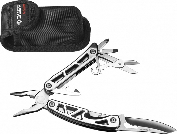 ЗУБР СПУТНИК, мультитул с подсветкой, 11 в 1, металлические ручки, нейлоновый чехол, 110 мм, ПРОФЕССИОНАЛ (47770)