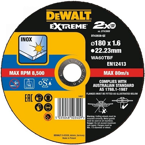 Круг отрезной DEWALT EXTREME DT43938, по металлу, 180 x 22.2 x 1.6 мм, тип