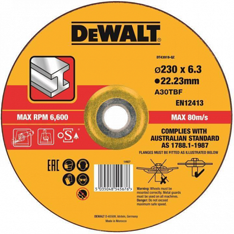 Круг обдирочный DEWALT DT43919, по металлу, 230 x 22.2 x 6 мм, тип 27