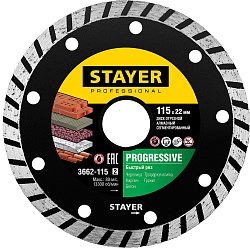 STAYER Progressive, d115 мм, (22.2 мм, 7 х 2.4 мм), сегментированный алмазный диск, Professional (3662-115)
