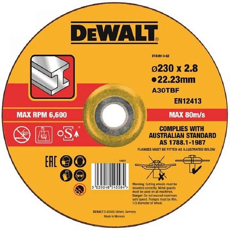 Круг отрезной DEWALT DT43913, по металлу 230 x 22.2 x 2 8 мм, тип 4
