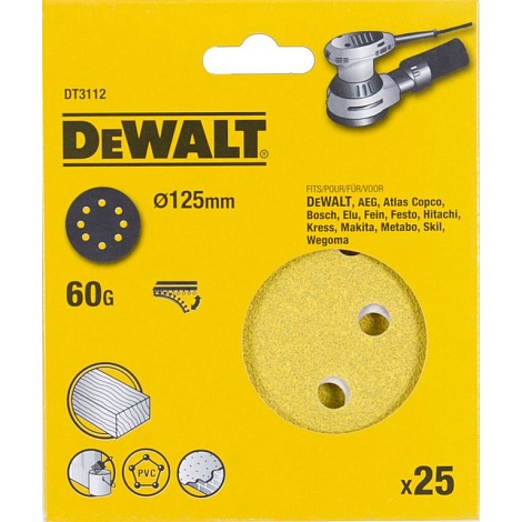 Шлифовальные круги DEWALT DT3112, 125 мм, 8 отверстий, 60G, 25 шт.